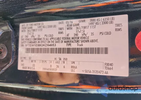 2016 Ford F150 Supercrew z USA, uszkodzony, nr VIN 1FTEW1E88GKD94953